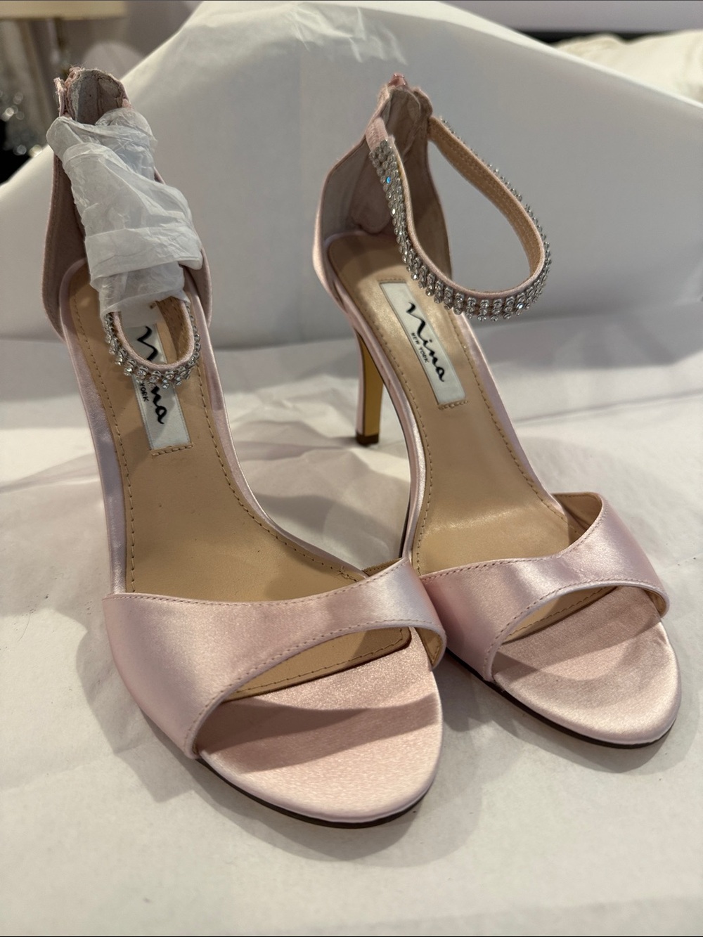 Nina Blush Satin Crystal-Ankle Strap Heels